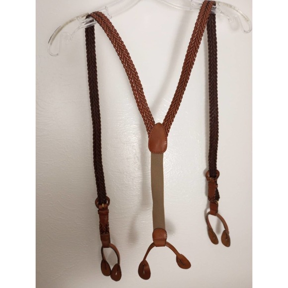 Adjustable Braided Button Suspenders Full Grain Cowhide Leather Brown Classic - Picture 1 of 8